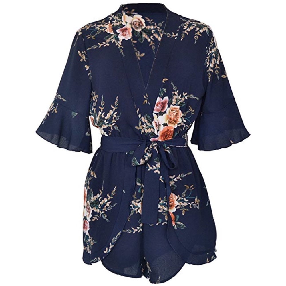 Boho Floral Print V Neck Tie Waist Short Romper - Picture 2 of 5